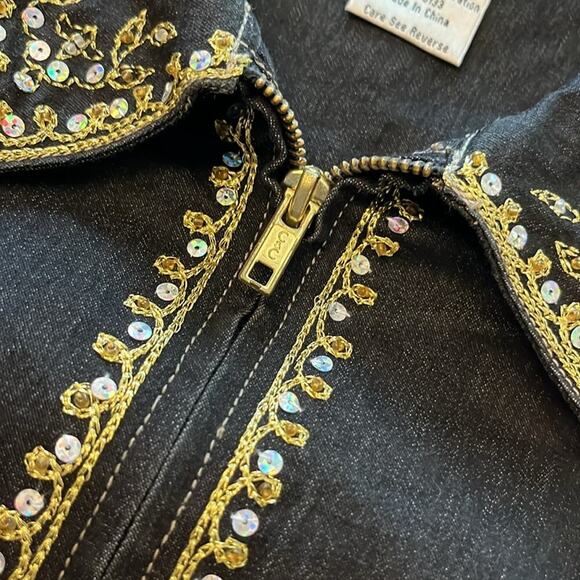 Vintage Victor Costa denim jacket embellished gold thread shiny sequins beads - Picture 9 of 10
